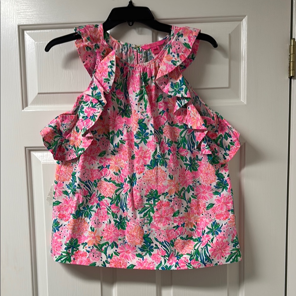 Lilly Pulitzer Pink and Green Floral Blouse Sleeveless Ruffled
